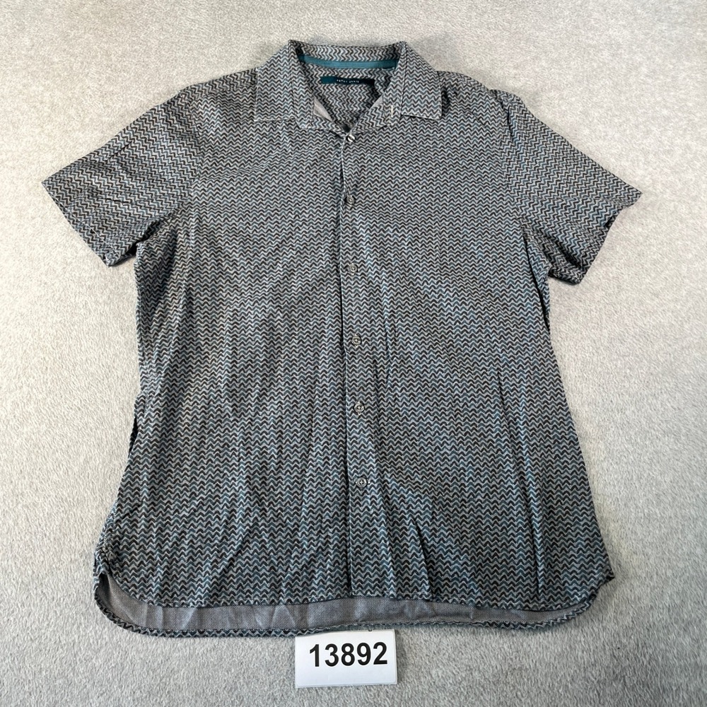 Perry Ellis Shirt Mens Medium Blue Gray Chevron Curved Hem Button Up
